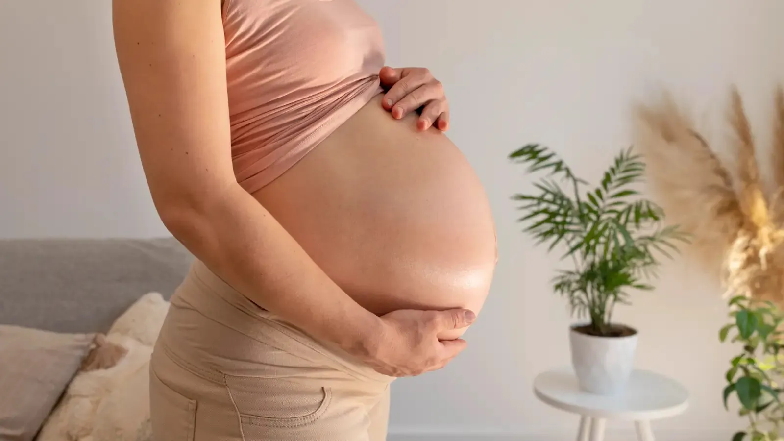 Plano de perfil y en detalle de una mujer embarazada en su hogar, sosteniendo con ambas manos su panza descubierta.